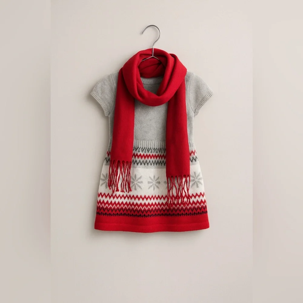 Gymboree Fair Isle Sweater Dress 12–18M Gray Red Holiday Winter Knit